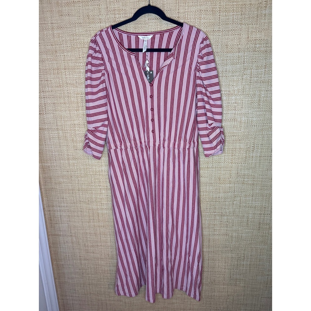 Matilda Jane Women Red Pink Striped Midi Dress NWT Size L Ruched‎ Sleeve Pockets